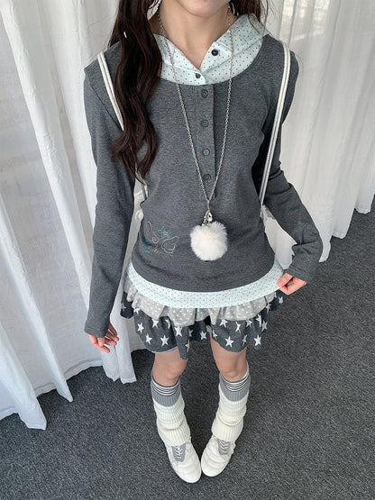 Y2K Dot Wings Patchwork Rhinestone Gray Hooded with Two-piece Polka Top