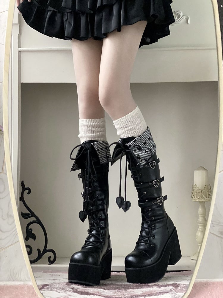 Fold-over Black Cuff Boots Platform Heel Block