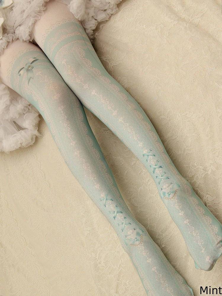 Lace Print Lolita Colors Tights 10 Strappy Bowknot