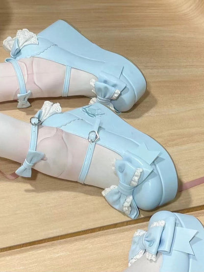 - Shoes Bow Back Heel Heart-Shaped Blue Embroidery Buckle Platform Lace Featuring with and Lolita