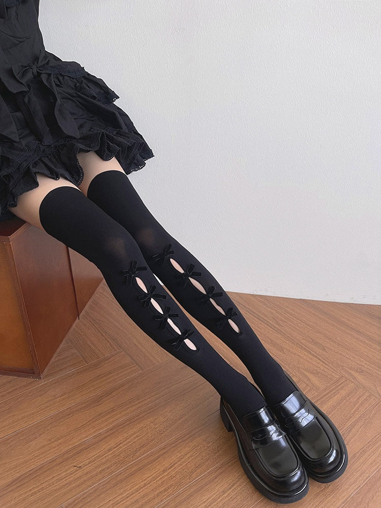 Bowknot Strümpfe Schwarz/Weiß Design Overknee Cut-out