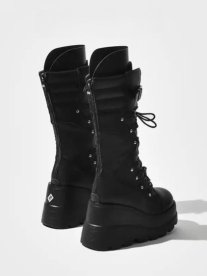 Studded with Boots Back Zip Gothic Mid-Calf Black Platform Buckle Strap Closure Sole -