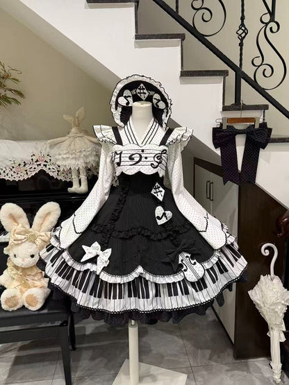 Piano JSK Set with Shirt, Bonnet, Apron, and Bow Train - Alice in Wonderland Lolita