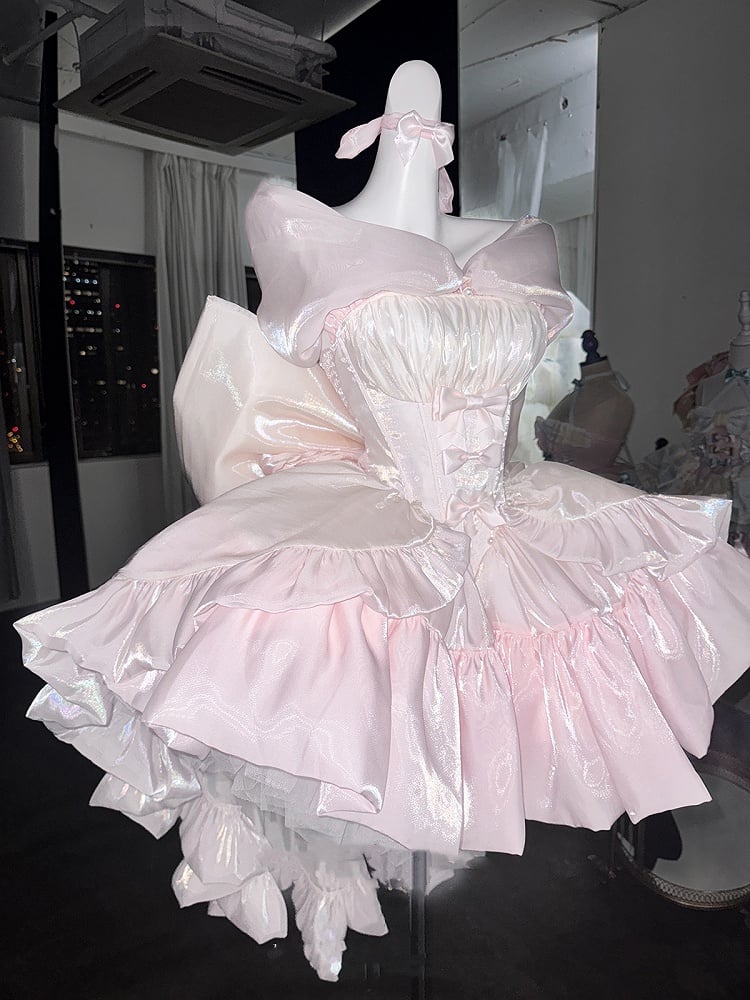 Dress Yellow Pink Lolita Bodice Details Balletcore Hime Bowknot on Strapless and