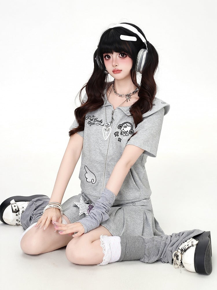 Gray Sailor Collar Zip-Up Tee with Kitty Embroidery - CRAZY GIRL
