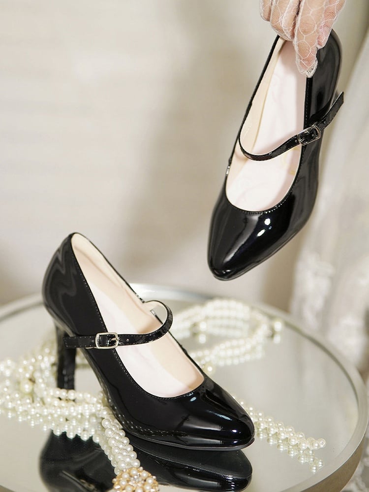 Leather Strap Design Classic Pointed in Mid-heel/High-heel Buckle PU Mary Black Janes Toe