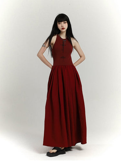 Gothic Wine Red High Waist Cross Print Sleeveless Dress