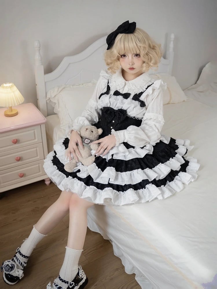 with Waist Tiered White Cute JSK Ruffle Bow Lolita Decorations Black and Boned