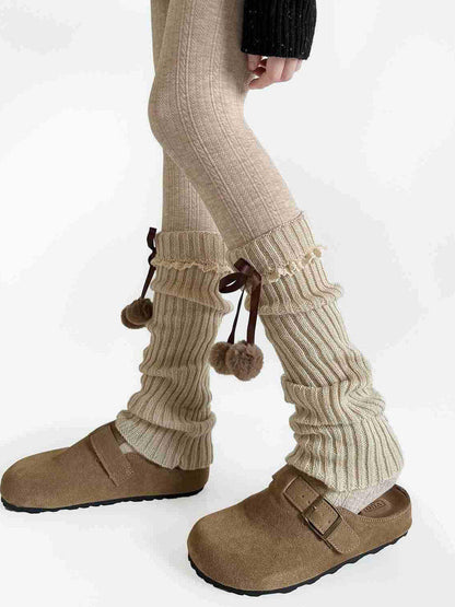 Details Bow Ribbed Warmers Leg with Khaki Pom-Pom