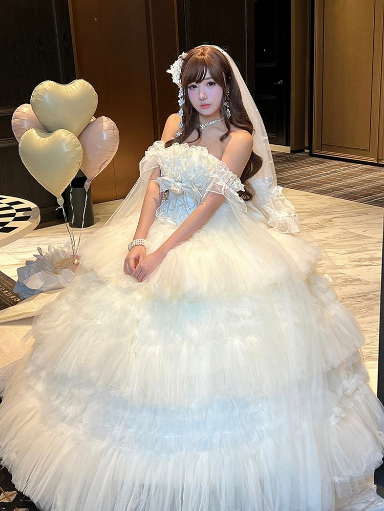 Ruffled Bow Accent with Details Layered Lolita and Tulle Hime White Dress