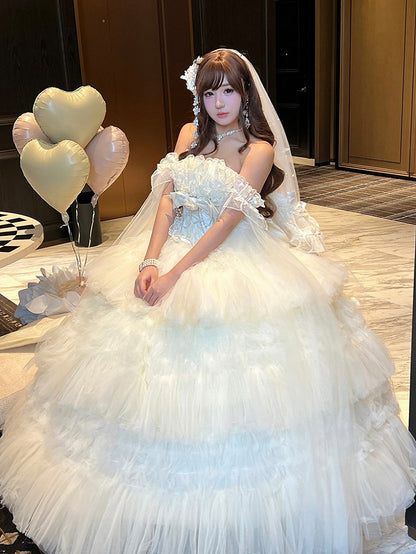 Ruffled Bow Accent with Details Layered Lolita and Tulle Hime White Dress