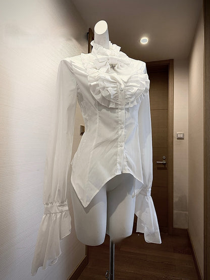 Gothic Ouji White Long Poet Ruffled Sleeves Shirt High Lolita Neck