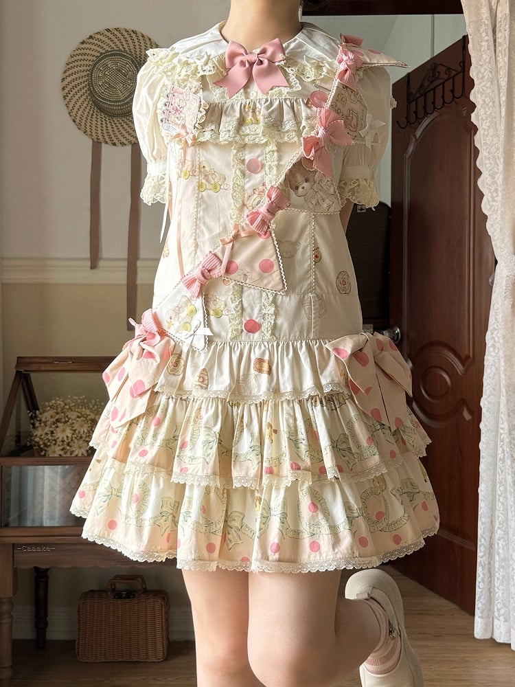 Print Dress Sweet with Waist Tiered Dropped Toys Hood Ears Skirt Bear Lolita Overall