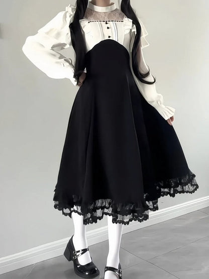 Long-Sleeve Design Dress Panel White Jirai Kei Ruffled Lace Black