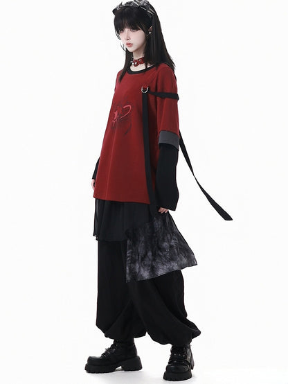 Sleeves Top with Cheongsam Graphic Style Red Black Detachable and