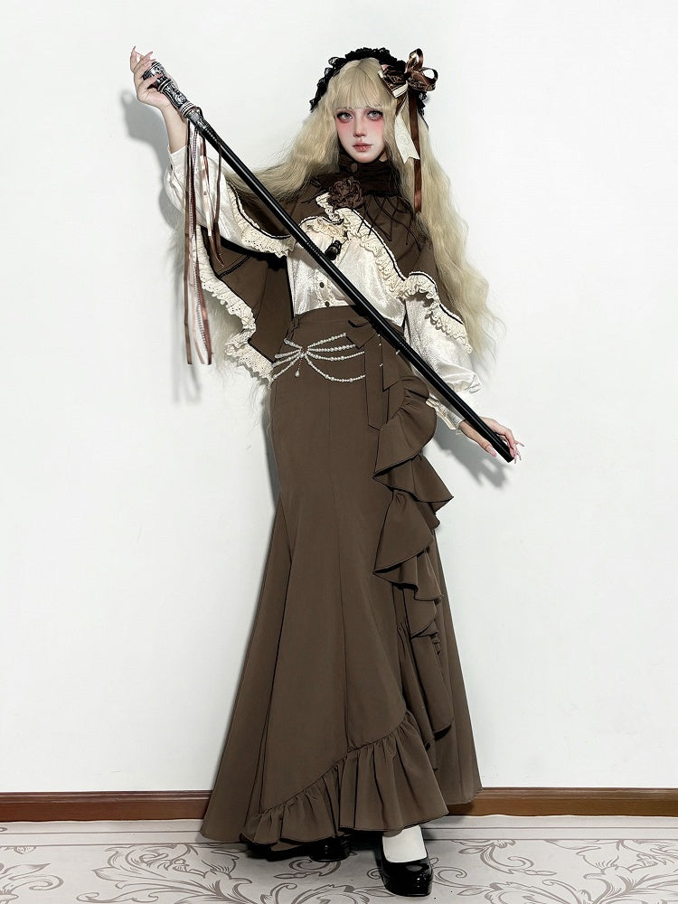 Brown Elegant Mermaid Skirt with Cascading Ruffles - MUYU