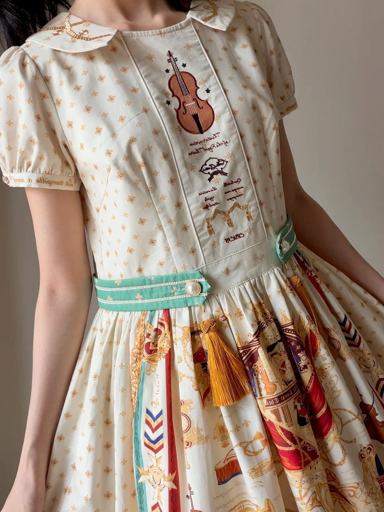 Short White Musical Print Peter Pan Collar OP Dress with Tassels - Crucis Universal Tailor Company