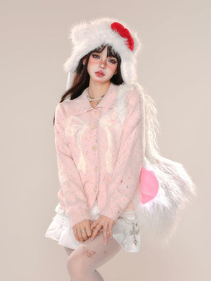 Rosa Strickjacke mit Schleife und Knopfleiste