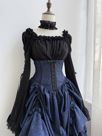 伸縮性のあるネックライン、ブラック、長袖、トリムフリル、ベルブラウス