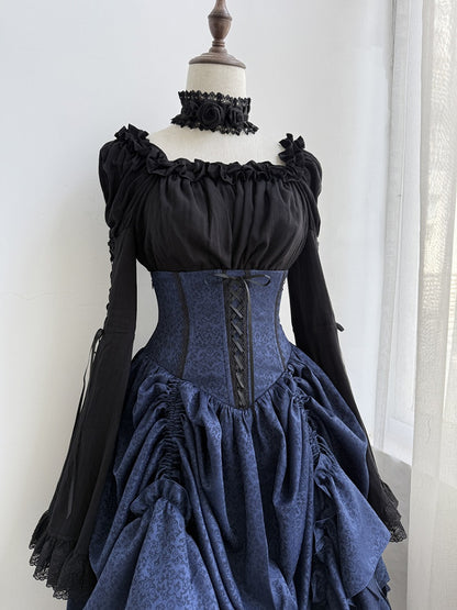 Trimmed Blouse Ruffle Black Sleeves Elastic Long Bell Neckline