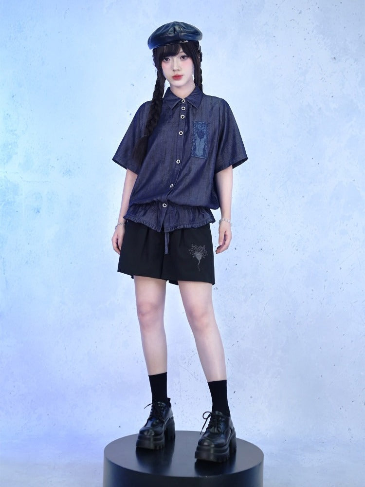 Black Wide Leg Shorts with Sea Lily Embroidery - Quirky Hut
