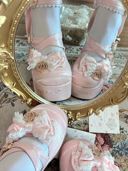 Snap Platform Detachable Chain Heel Heels Striped - Lolita Closure Pink Heart Charm Sweet Block Beaded Back Bows High