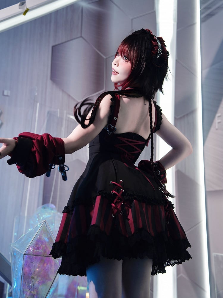 JSK Collar and Ears Red Dress Gothic Sailor Striped Pattern Big + Kitty Bow Top Lolita Black Cropped