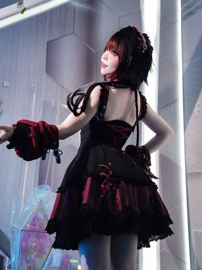 JSK Collar and Ears Red Dress Gothic Sailor Striped Pattern Big + Kitty Bow Top Lolita Black Cropped