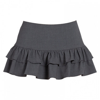 ダークグレーのストライプ柄、ローウエスト、ティアードフリル、グラマラスミニスカート