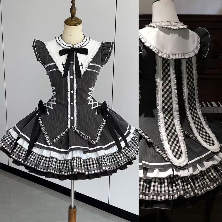 Gothic Lolita-Ärmel, gestreifte Flatterohren, dunkelgraues Kragenkleid bei Bunny mit Rücken