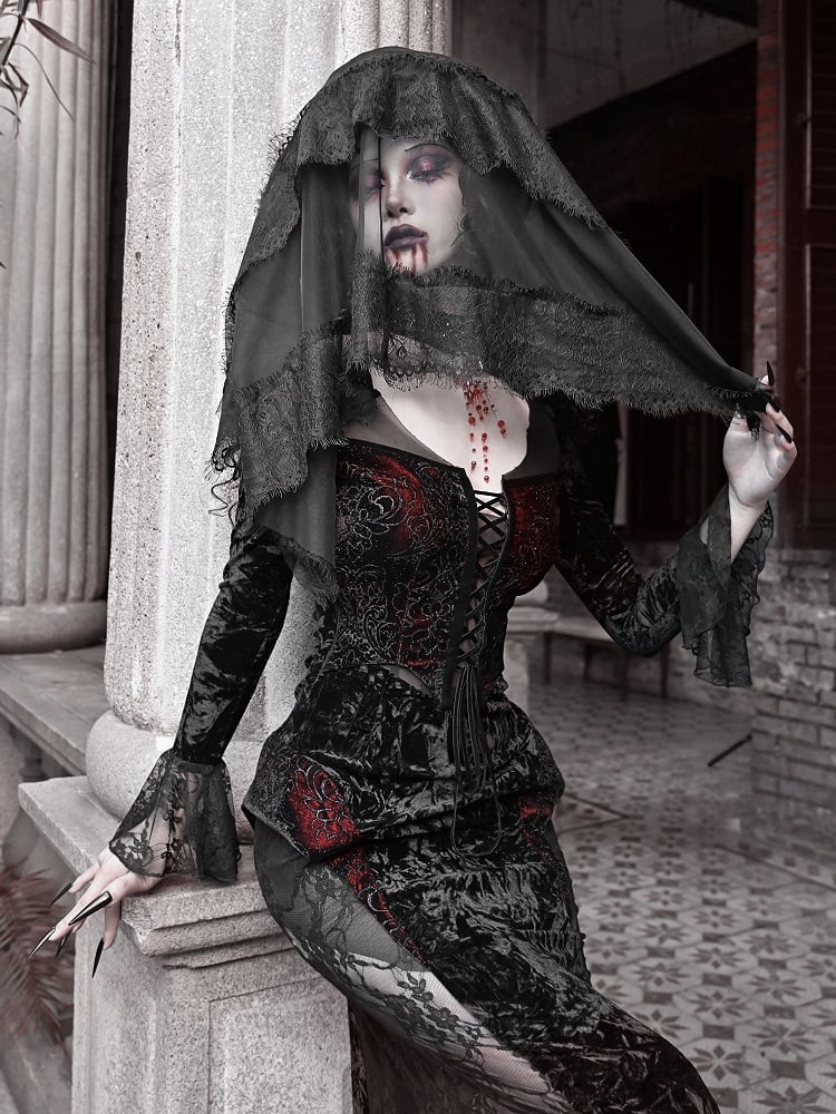 Flügel Romantischer Samt und geformter Spitzenausschnitt Fledermaus Vampirkleid Goth Meerjungfrau