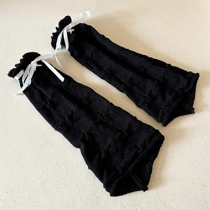 ホワイト/ブラック ロリータ リボン 蝶結び フリル カフ レッグウォーマー