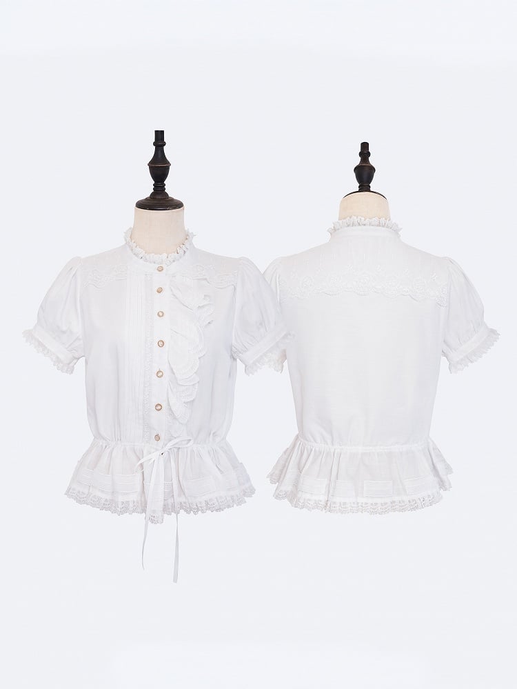 White Single-Sided Ruffles Elegant Lolita Blouse with Drawstring Belt