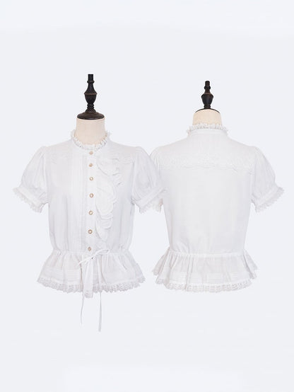 White Single-Sided Ruffles Elegant Lolita Blouse with Drawstring Belt