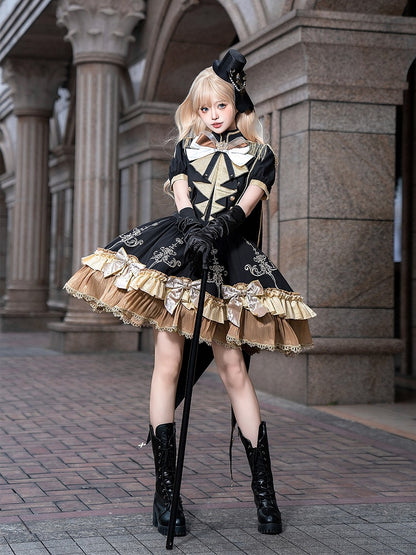 Cape Stand Dress Set Golden Lace Trim Lolita Collar Black Fringe + Gold