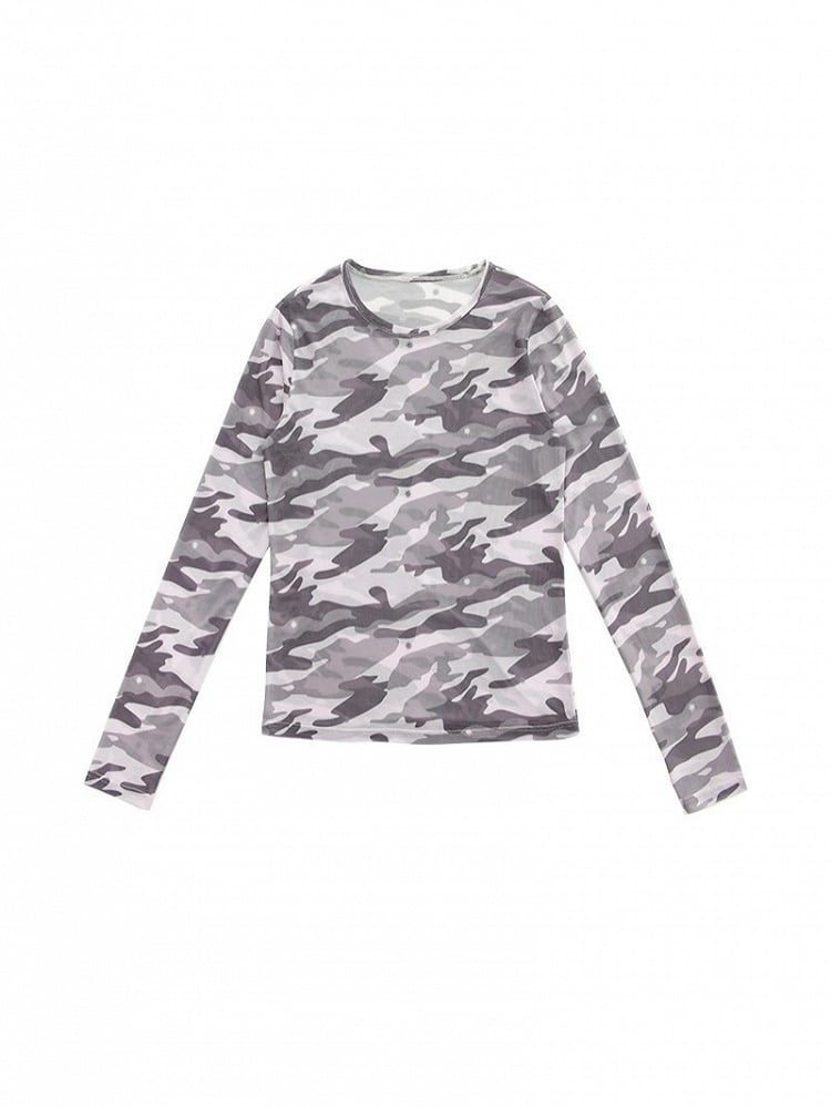 Light Pink Sheer Camouflage Round Neck Long Sleeve T-Shirt - innomoood