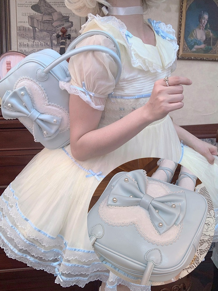 Herz Lolita Süße Hand Plüsch Verziert Bowknot Blau Perlen Tasche