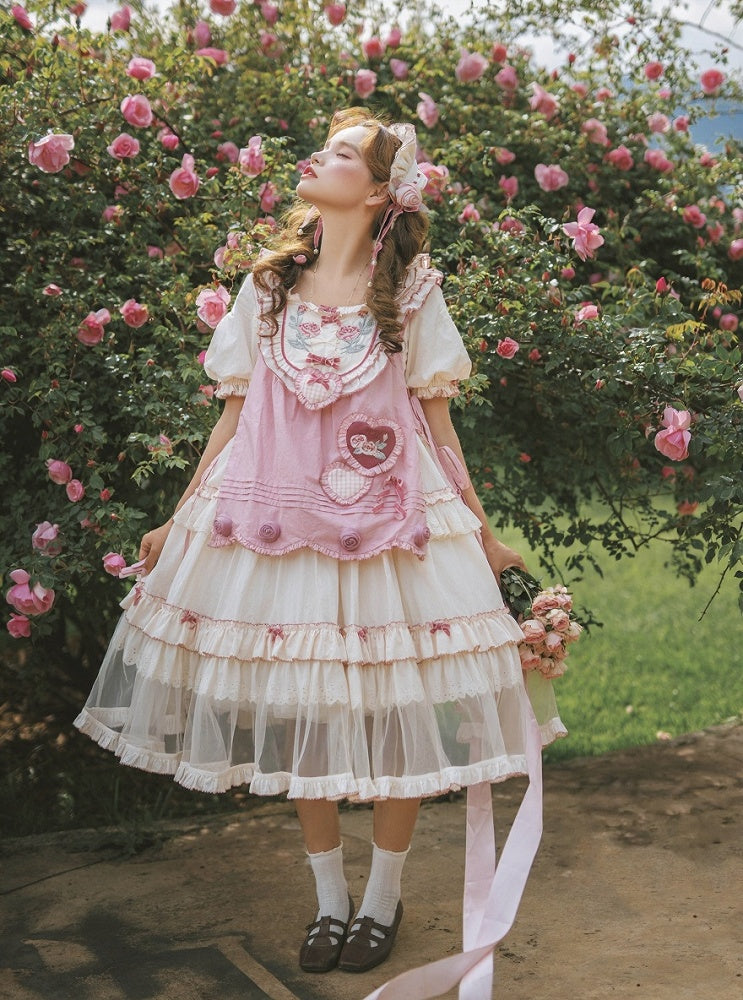 Cream Layered Ruffle High Waist Sweet Lolita Dress with Tulle Hem - Bodhi Original Design