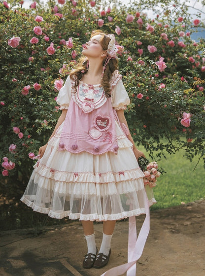 Cream Layered Ruffle High Waist Sweet Lolita Dress with Tulle Hem - Bodhi Original Design