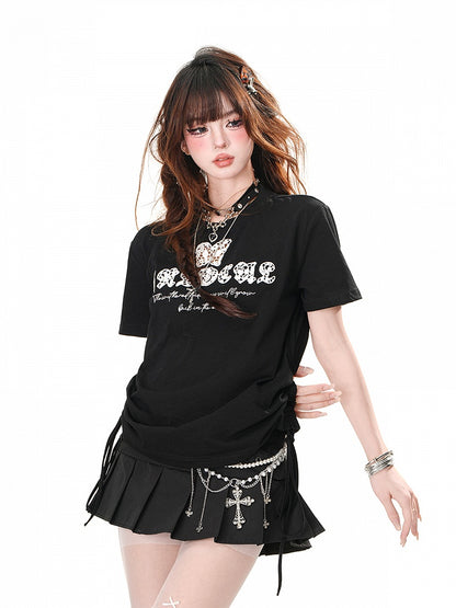 Schwarz/weißes, schmetterlingsförmiges, Ausschnittdetail, Kordelzug in der Taille, glamouröses T-Shirt