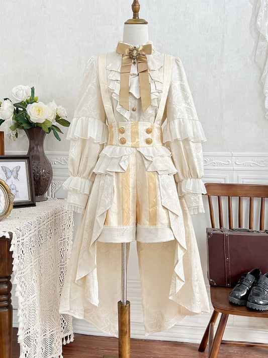 Champagne Train High Ruffle Pattern Cascading Lolita with Ouji Shorts Striped Overall Waist