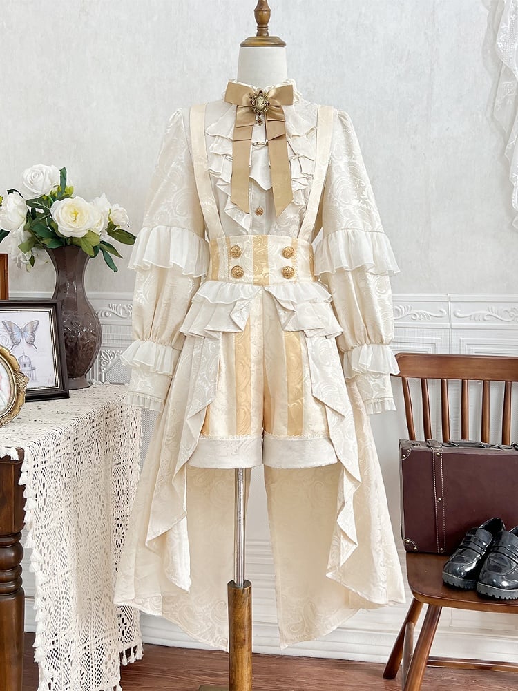 Champagnerfarbene Schleppe mit hohem Rüschenmuster, kaskadierende Lolita mit Ouji-Shorts, gestreifter Overall-Taille