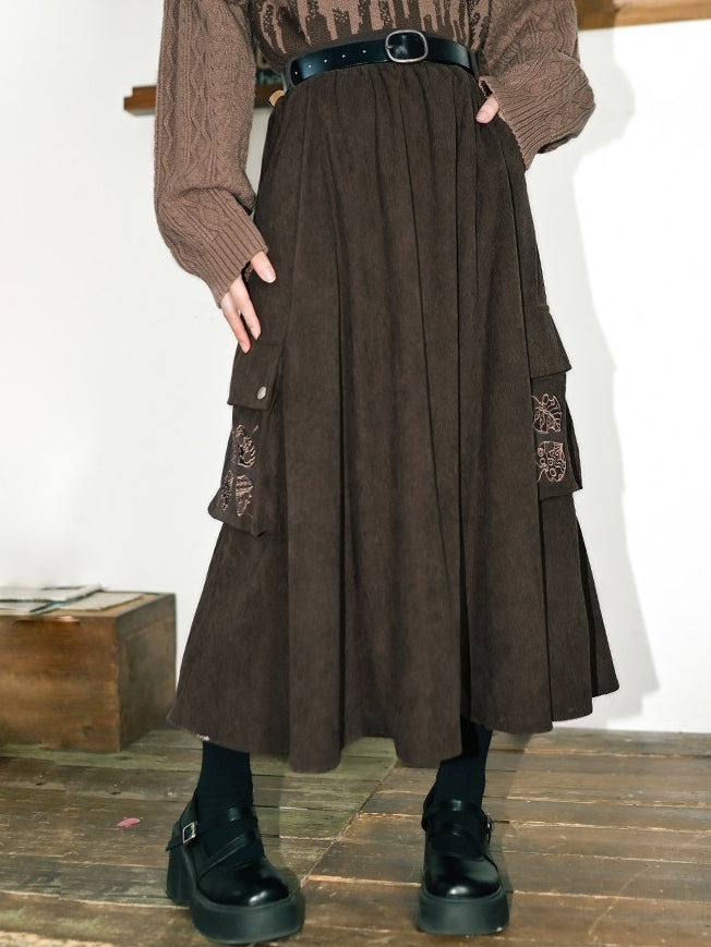 Chinese Pockets Cargo Skirt - Leaf Brown Motif with Embroidery Style