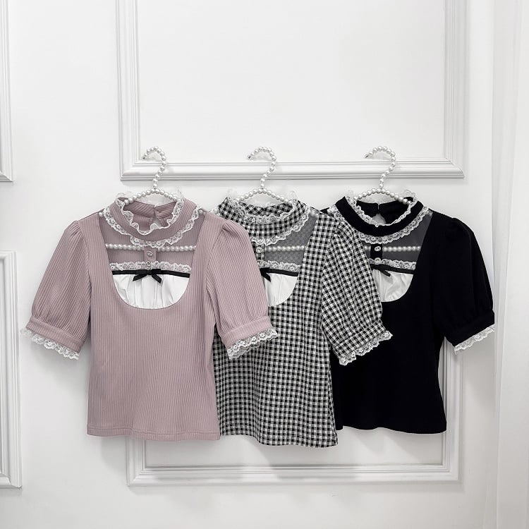 Ärmel Jirai Kei Dusty Bluse Rosa Stehkragen Cutout Vorne Kurz