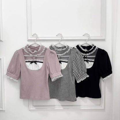 Ärmel Jirai Kei Dusty Bluse Rosa Stehkragen Cutout Vorne Kurz