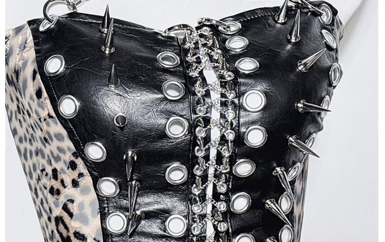 Black Halter Neck Leopard Pattern Stud Ring Corset Top