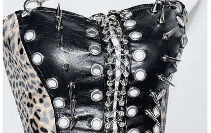 Black Halter Neck Leopard Pattern Stud Ring Corset Top