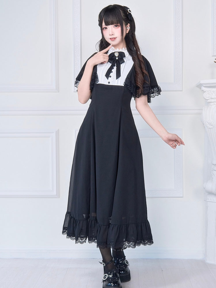 Spitze und zartes Kei mit passender schwarzer Brosche, langes Kleid, weißer Knöchel-Jirai