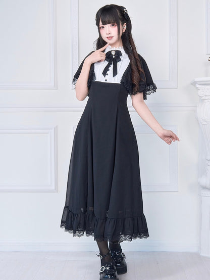 Spitze und zartes Kei mit passender schwarzer Brosche, langes Kleid, weißer Knöchel-Jirai