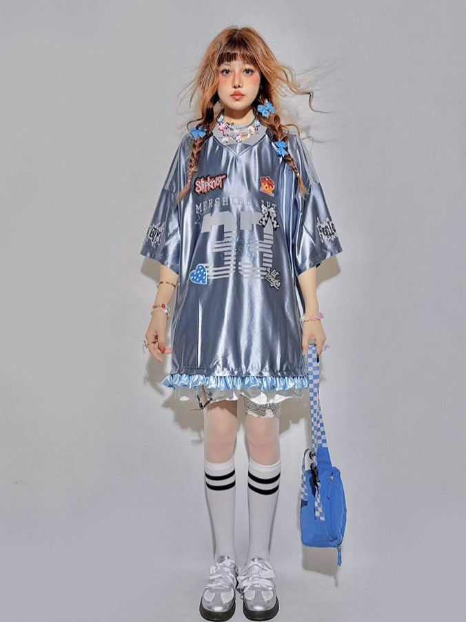 Print Number Long/Short Sleeve and Sports with V-Neck Top Cute Patchwork Blue